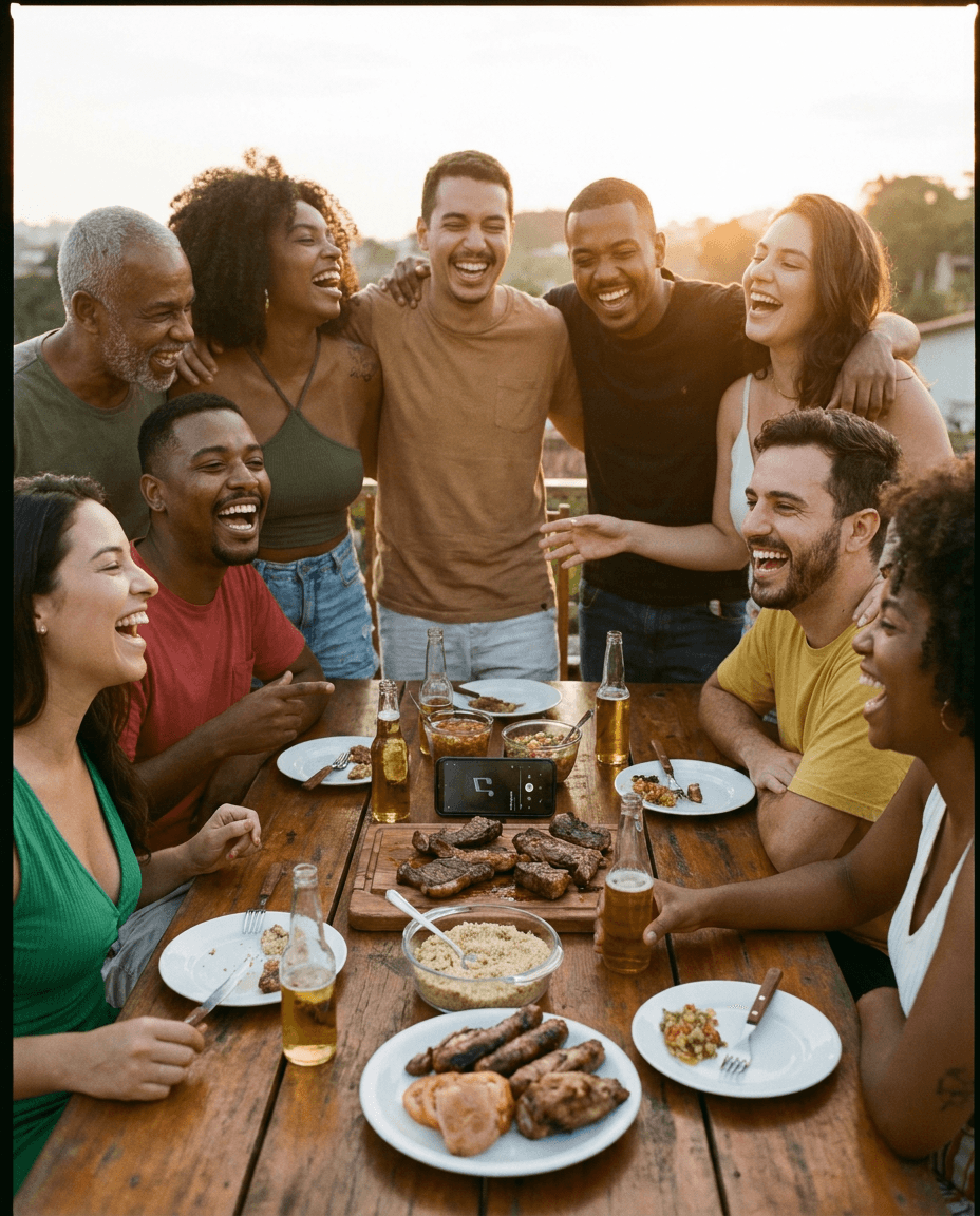 Friends laughing around a table