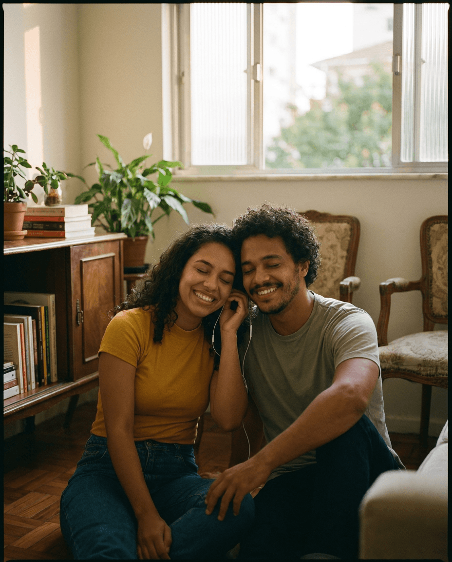 Couple listening to music together