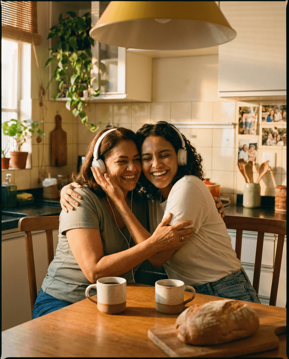 Mother and daughter listening to music in the kitchen
